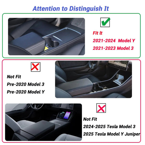 Diagram showing fit compatibility for 4 Piece Center Console Organizer And Cup Holder Insert For 2021 To 2023 Tesla Model 3 And 2021 To 2024 Model Y