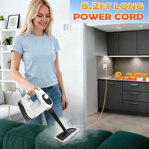 Powerful Handheld Steamer Uses 1200W Hot Steam To Cut Grease Fast, with 8.2FT cord cleaning a couch.