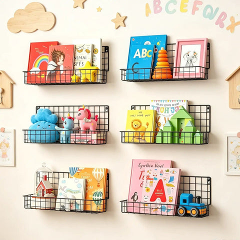 4 Pack Wall Mounted Metal Kids Bookshelf Floating Shelves For Nursery Toddler Room Straight Up Solid Wire Storage Rack with toys and books