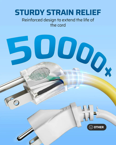 Heavy Duty 25 Foot 12 Gauge 3 Conductor Contractor Extension Cord With Locking Plug For Indoor Outdoor Use Yard Work Ready, strain relief design.