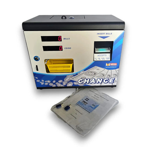 Dollar Bill To Coin Change Machine Black For Laundromats, Arcades And Vending Spots, Accepts One, Five, Ten, Twenty, Fifty, And One Hundred Dollar Bills, Dispenses Quarters Or Tokens, Compact Wall Mountable Unit With Front Door Access, shown with accessories.