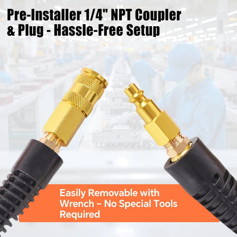 Three Eighths Inch By Twenty Five Foot Braided Air Hose For Air Compressors Flexible Heavy Duty Pneumatic Hose With Quick Connect Fittings Leak Free 300 PSI For Garage Shop Automotive Use, with 1/4 NPT coupler and plug