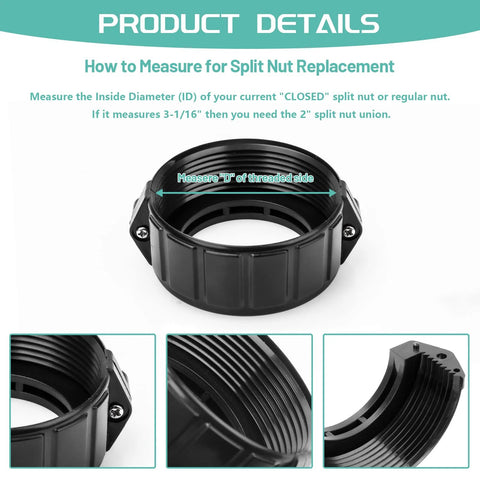 Spa heater union nut, black plastic, 2-inch size; front view with screws and visible inner threading.