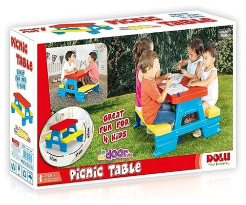Box with Big Plastic Picnic Table For Four Kids For Indoor And Outdoor Use Colorful Four Seat Table illustration outdoors