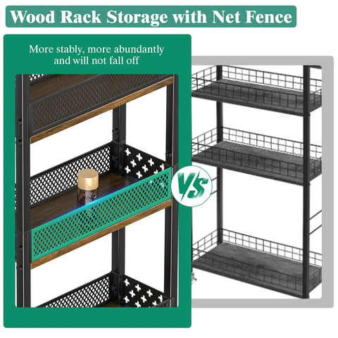 Close-up view of Slim Four Tier Rolling Storage Cart for Kitchen and Bathroom Organization, highlighting wood racks and net fence.