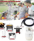 Two Foot Universal Grill Regulator and Propane Hose for Most LP Grills, with connector and flare nut, shown with outdoor use.