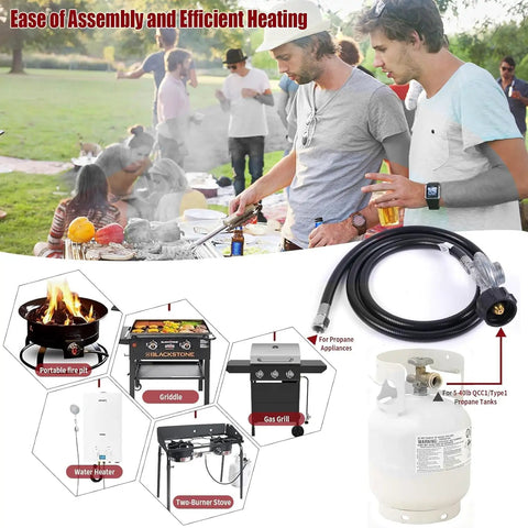 Two Foot Universal Grill Regulator and Propane Hose for Most LP Grills, with connector and flare nut, shown with outdoor use.