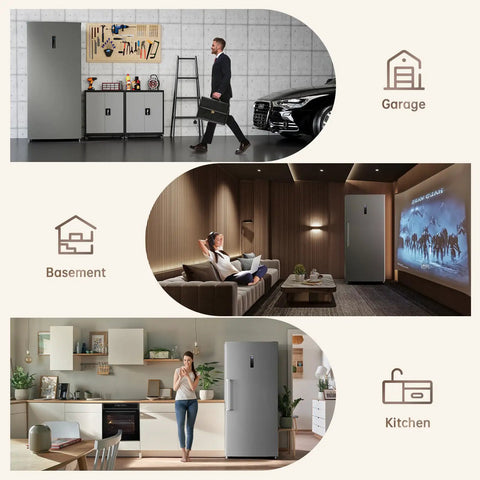 Massive Convertible Upright Freezer And Refrigerator Combo, 21.2 Cubic Feet Stainless Steel Build in garage, basement, and kitchen settings.