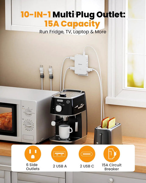 Slick Flat Wall Outlet Extender With Six Versatile Side Plugs Paired With Straight Fire USBC Fast Charging Built For Tight Squeeze Spaces Smooth Low Profile Flush Fit Stops Gap Drama Behind Couches Game Changing Multi Tap Power Splitter Converter with 10-in-1 capacity.
