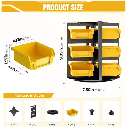 Rotating Hardware Storage Bins With 12 Compartments For Nuts, Bolts, Screws And Small Parts showing dimensions and components