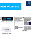 Image showing contents: Windows 10 USB install, activation key code card, and instruction sheet for Bootable USB Windows 10 Install And Activation Key For PC And Laptop Repair Restore Upgrade USB Drive Included Ready To Roll And Plug And Play With Free Tech Support And Easy Video Guide.