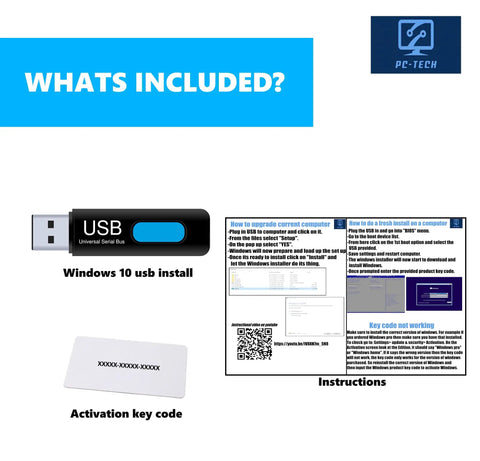Image showing contents: Windows 10 USB install, activation key code card, and instruction sheet for Bootable USB Windows 10 Install And Activation Key For PC And Laptop Repair Restore Upgrade USB Drive Included Ready To Roll And Plug And Play With Free Tech Support And Easy Video Guide.