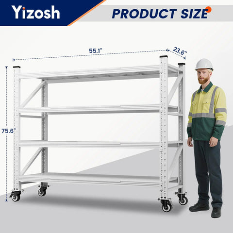 Badass 4000 Lbs Rolling Garage Shelving Rack With Heavy Duty Swivel Wheels And Fully Adjustable 4 Tier Design next to a man in a safety uniform.