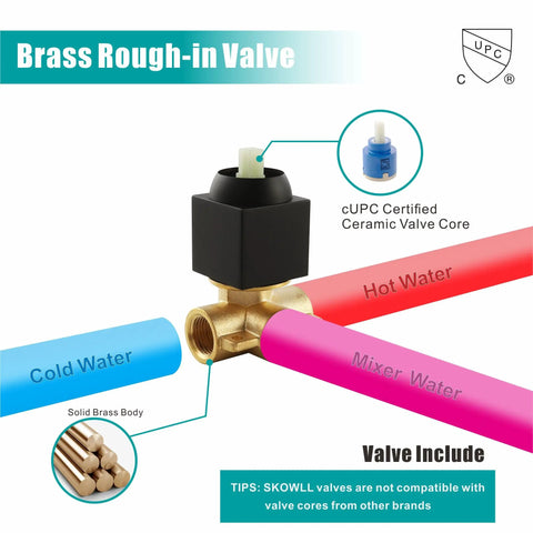 Brass rough-in valve with ceramic core for Dope Matte Black 8 Inch LED Rain Shower Head Set With Wall Mount, cUPC certified details shown.