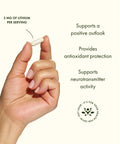 Hand holding a capsule of Lithium Orotate Mood And Memory Support For Stress Prone Adults, 5 Mg Elemental Lithium, Brain Boost.