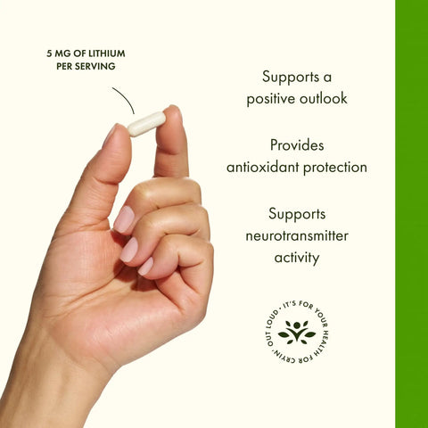 Hand holding a capsule of Lithium Orotate Mood And Memory Support For Stress Prone Adults, 5 Mg Elemental Lithium, Brain Boost.