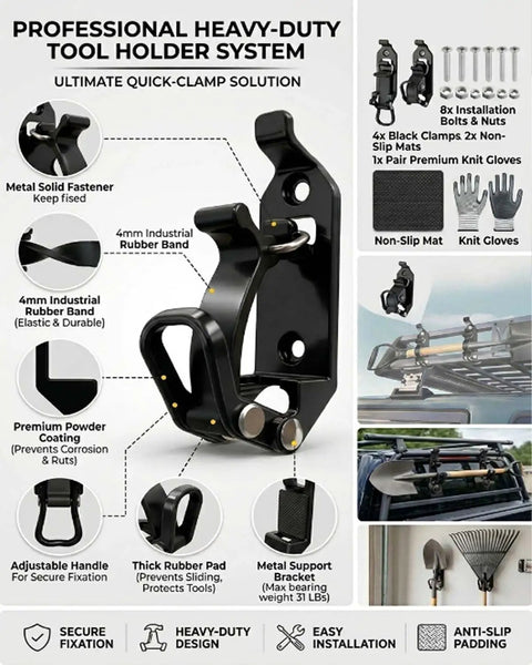 Shovel And Axe Mount Kit For Truck Roof Racks And Garage Organization Quick Release Tool Clamps Overlanding Gear Holder Bed Or Wall Mounted Bracket Heavy Duty Metal Rubber Construction Red Four Pack, professional heavy-duty metal and rubber tool holder system shown with various installation uses and features.