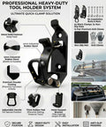 Heavy Duty Metal Rubber Shovel Mount and Axe Holder Kit for Truck Roof Rack showing components, adjustability, and durability for secure gear storage.