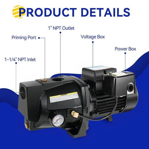 Workhorse Shallow Well Jet Pump With Cast Iron Body, 0.5 HP Motor, Handles Up To 25 Ft, Dual Voltage 115V And 230V features labeled