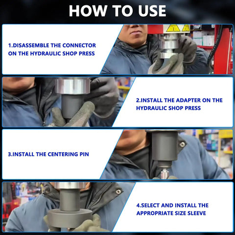 Step-by-step guide for using 35Pcs Bushing Press Kit For Hydraulic Shop Press; disassemble connector, install adapter, centering pin, sleeve.
