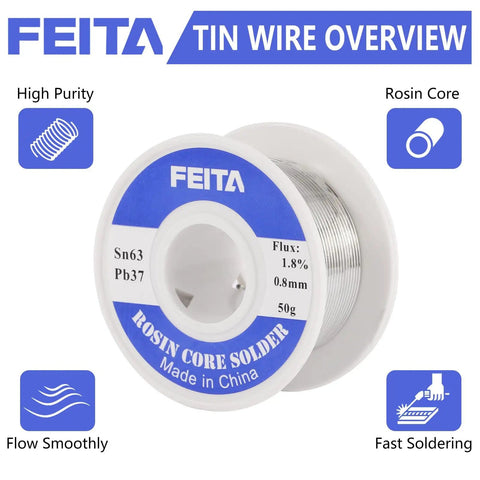 Feita 63-37 Tin Lead Rosin Core Solder Wire For Electrical Soldering 0.8mm Diameter 50g Pack, featuring no-wash flux design.