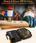 ZORUNNA 34-piece woodworking drill bit set with countersinks, plug cutters, step bits and stop collars in a black case