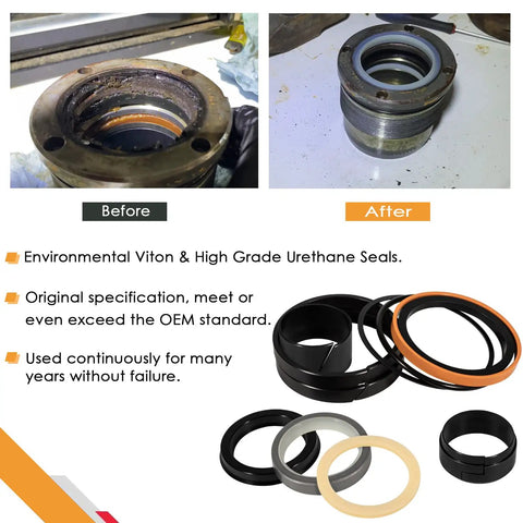 Hydraulic Cylinder Seal Kit 1.5 Inch Rod And 3 Inch Bore Heavy Duty Replacement Fit For Case Loader; before and after installation showcase.