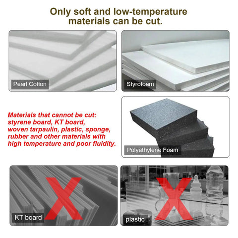 Image showing soft materials like Styrofoam and Pearl Cotton alongside non-cuttable items like KT board and plastic.