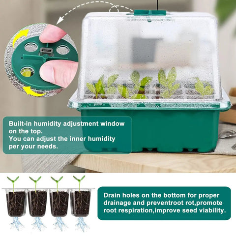 Seed Starter Tray Kit No Fuss With Heat Mat And Grow Light, 5 Pack Seedling Trays with humidity control and drainage holes