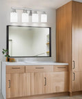 4-Light Nickel Modern Bathroom Vanity Light Fixture with Milky White Glass Shades mounted above mirror in contemporary bathroom