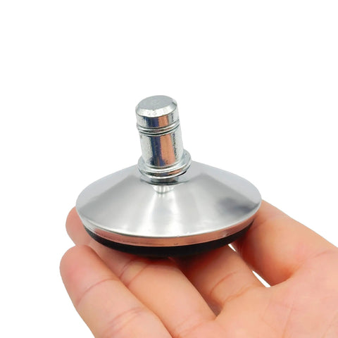 5 Pack 2 Inch Bell Glides For Office Chair Low Profile Caster Replacement, silver glide held in hand with rubber rim.