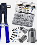 Rivet Nut Setter Kit With 430 Rivet Nuts, Five Sizes From 6-32 To 5/16-18, Includes Easy Install Tool, Built Tough For Metal, Wood, Plastic And Marine Projects, with blue hand tool and assorted inserts