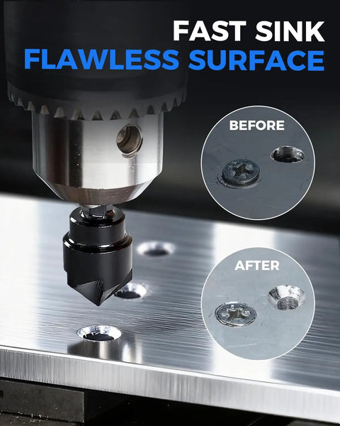 Threaded Rod Deburring Tool With External Chamfer Bit For Metal showing before and after results on surface