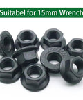 Twenty Piece Pack Of M10 X 1.25mm Metric Hex Serrated Flange Lock Nuts Built Rock Solid Out Of Heavy Duty Carbon Steel With A Clean Black Coat For Mechanics And Serious Garage Projects - view of black serrated flange lock nuts for 15mm wrench.