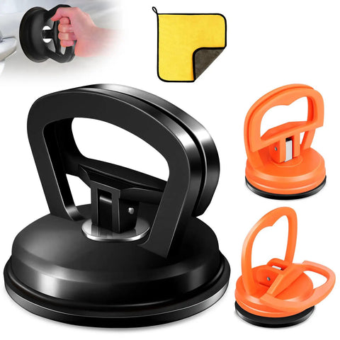 Dent Puller Kit With Suction Cup For Cars Large 4.6 Inch Dent Remover Plus Two Small 2.1 Inch Pullers Microfiber Cloth All In One Auto Dents Repair Tools Bundle Easy DIY Fix, black and orange suction pullers with microfiber cloth