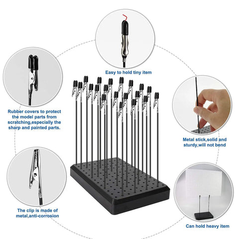 Painting Stand Base And 20 Piece Alligator Clip Stick Set For Airbrush Hobby Model Parts Dope Craft Kit For Mini Figures shown in use with rubber cover details and durable black plastic base.