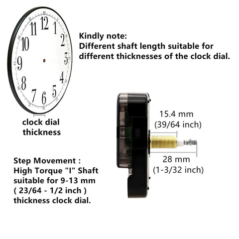 High Torque Clock Movement With Long Shaft And 12 Inch Spade Hands Replacement Mechanism For Large Dials 1-3/32 Inch Total Shaft Length
