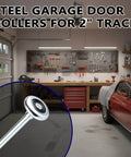 Steel garage showcasing 2-Pack 9 Inch Long Stem Steel Garage Door Rollers For 2-Inch Track with tool bench and red car in view.
