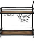 Prime Rolling Industrial Bar Cart With Heavy Duty Dual Tier Shelves And Rustic Wood Metal Build For Kitchen Wine Storage and view of wine glass holder.