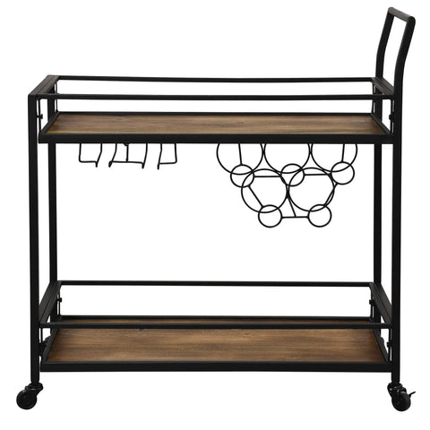 Prime Rolling Industrial Bar Cart With Heavy Duty Dual Tier Shelves And Rustic Wood Metal Build For Kitchen Wine Storage and view of wine glass holder.