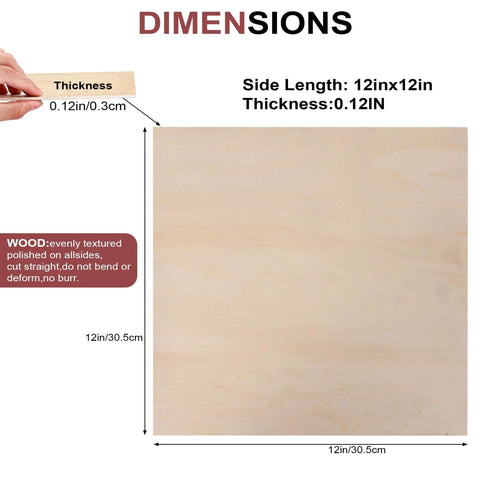 Front view of 12x12 inch basswood sheet, 0.12 in thick (3 mm), unfinished wood for crafts.