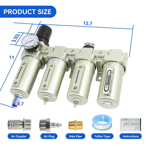 Three Quarter Inch NPT Heavy Duty Four Stage Air Dryer System For Compressors With Water Separator And Auto Drain Includes Three Filters And One Dryer Ideal For Plasma Cutters And Paint Sprayers measuring 12.7 inches