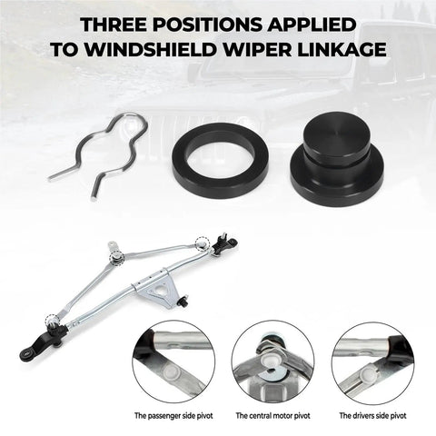 Straight Up Windshield Check Valves Plus Wiper Linkage Bushing Kit Built For Jeep Wrangler JK And JKU Years 2007 Through 2018 Perfect Swap Replaces 55077859AC 602 105 Plug N Play Setup Means You Can Fix It Yourself At Home Real Fast. Three-position windshield wiper linkage kit with black bushings, clip, and Jeep pivot points