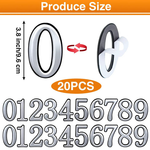 Easy Peel And Stick 3.8 Inch Reflective House Numbers Set Of 20 For Outdoor Use Waterproof ABS Plastic Address Numbers For Mailbox Door Or Garage High Visibility Silver shown in set with 3D raised silver digits.