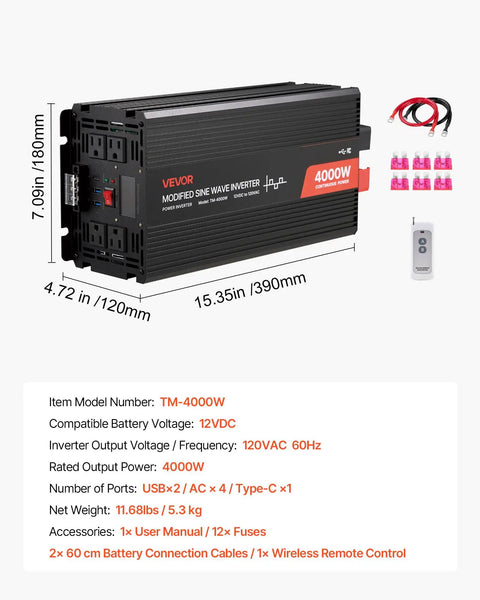 Beefy 4000W Power Inverter Converts 12V DC To 120V AC Modified Sine Wave, showing connections and size specifications for RV use.