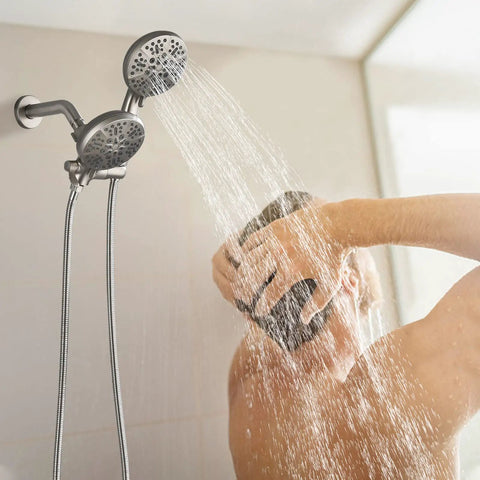 Person using High Pressure Dual Shower System With Handheld And Fixed Heads 2 In 1 Shower Combo 3 Way Diverter Brushed Nickel Trim 49 Mode Combos