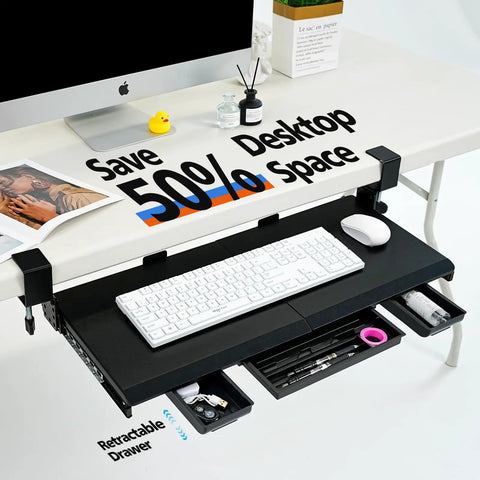 Large Height Adjustable Keyboard Tray With Sturdy C Clamp Mount And Storage Drawer For Home Office Desk Setup Upgrade, shown with keyboard and mouse on desk.