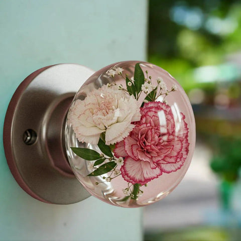 Vintage floral resin cabinet handles with pink and white carnation design, 48mm round, on sturdy metal backing for furniture upgrades.