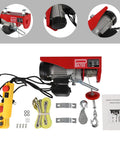 Heavy Duty Electric Hoist With 1543 Lbs Capacity And Dual Rope Modes For Garage Or Warehouse showing motor, remote, and accessories.