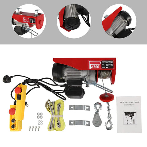 Heavy Duty Electric Hoist With 1543 Lbs Capacity And Dual Rope Modes For Garage Or Warehouse showing motor, remote, and accessories.